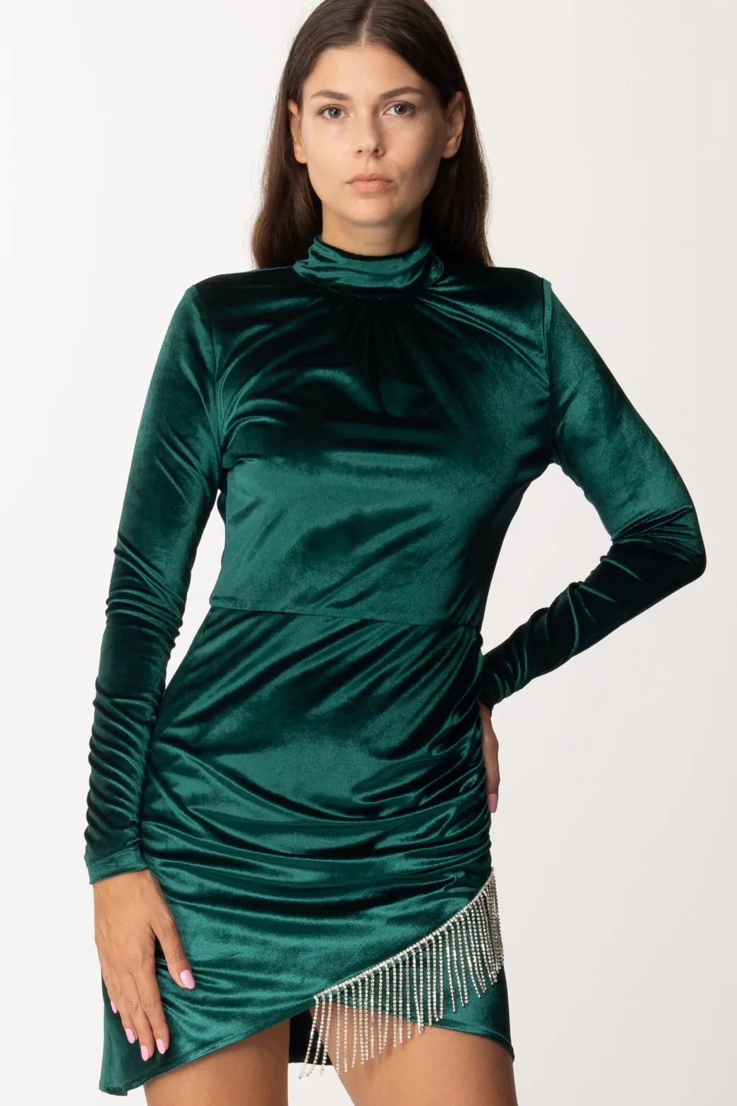 Donna Dramèe Abito Mini In Velluto con Frange In Strass