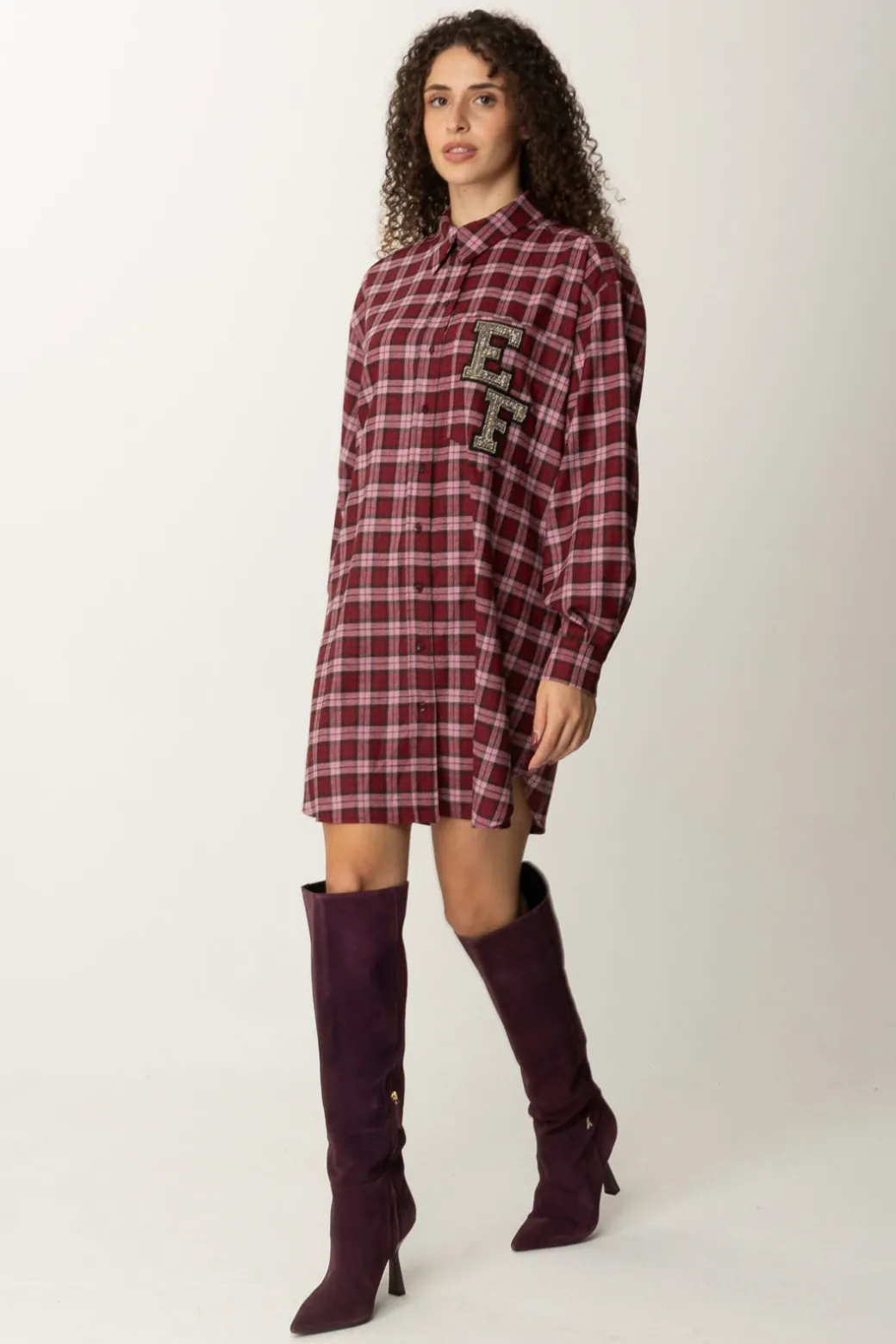 Donna Elisabetta Franchi Abito Camicia In Lana Tartan con Patch Ricamato
