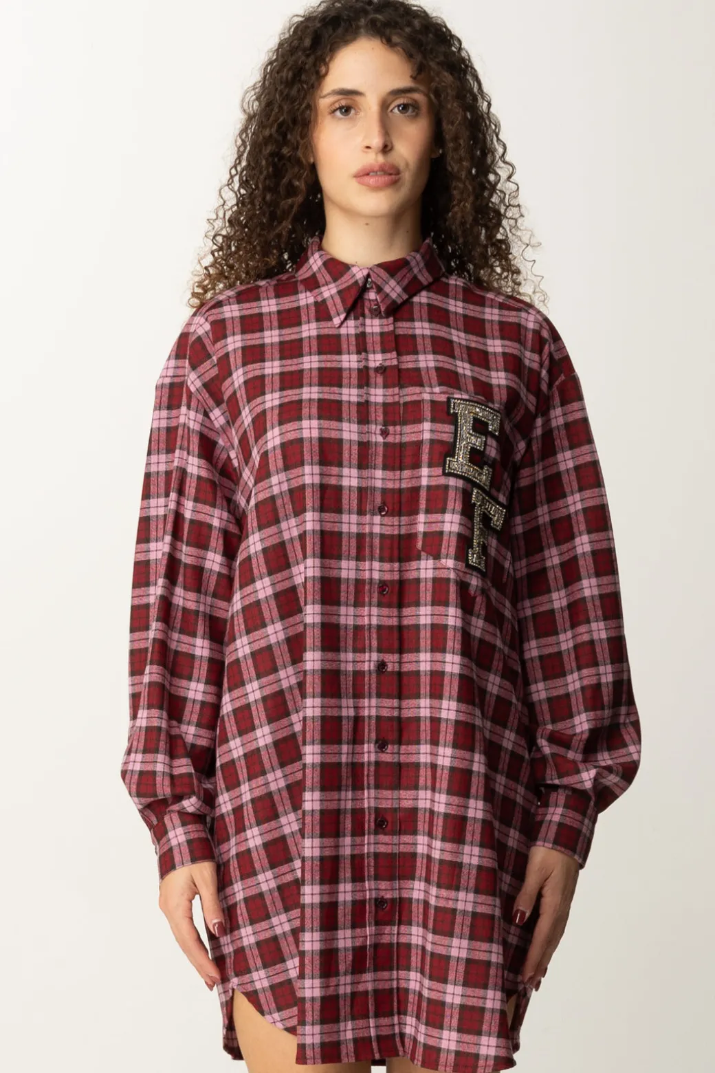 Donna Elisabetta Franchi Abito Camicia In Lana Tartan con Patch Ricamato