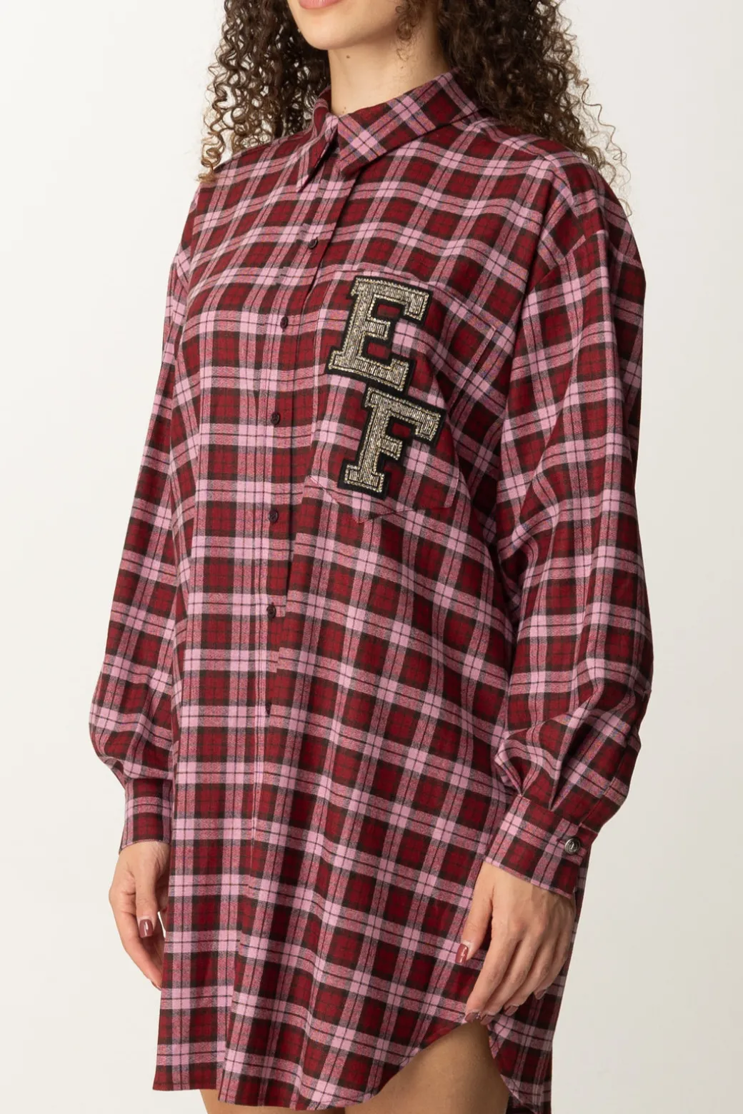 Donna Elisabetta Franchi Abito Camicia In Lana Tartan con Patch Ricamato