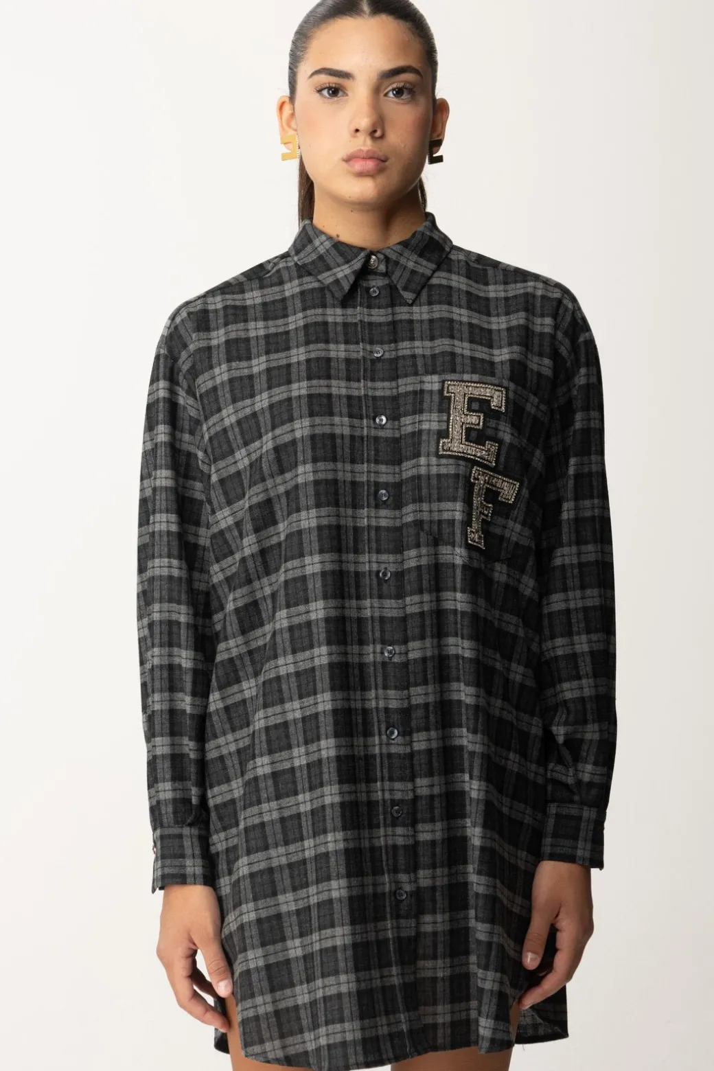 Donna Elisabetta Franchi Abito Camicia In Lana Tartan con Patch Ricamato