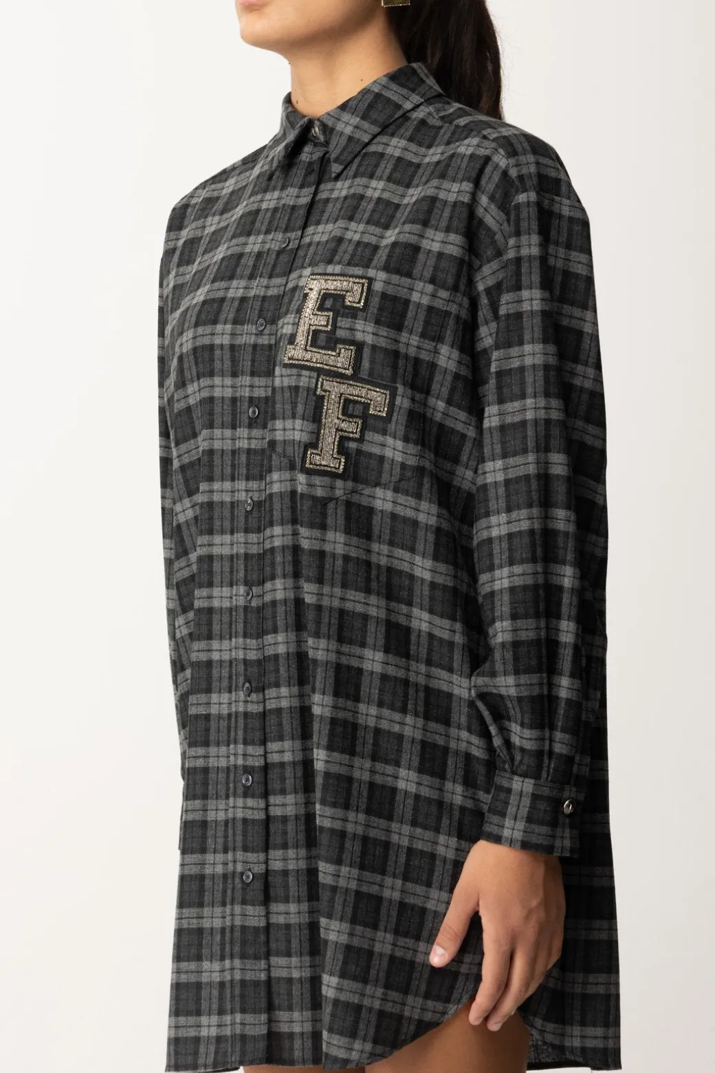 Donna Elisabetta Franchi Abito Camicia In Lana Tartan con Patch Ricamato