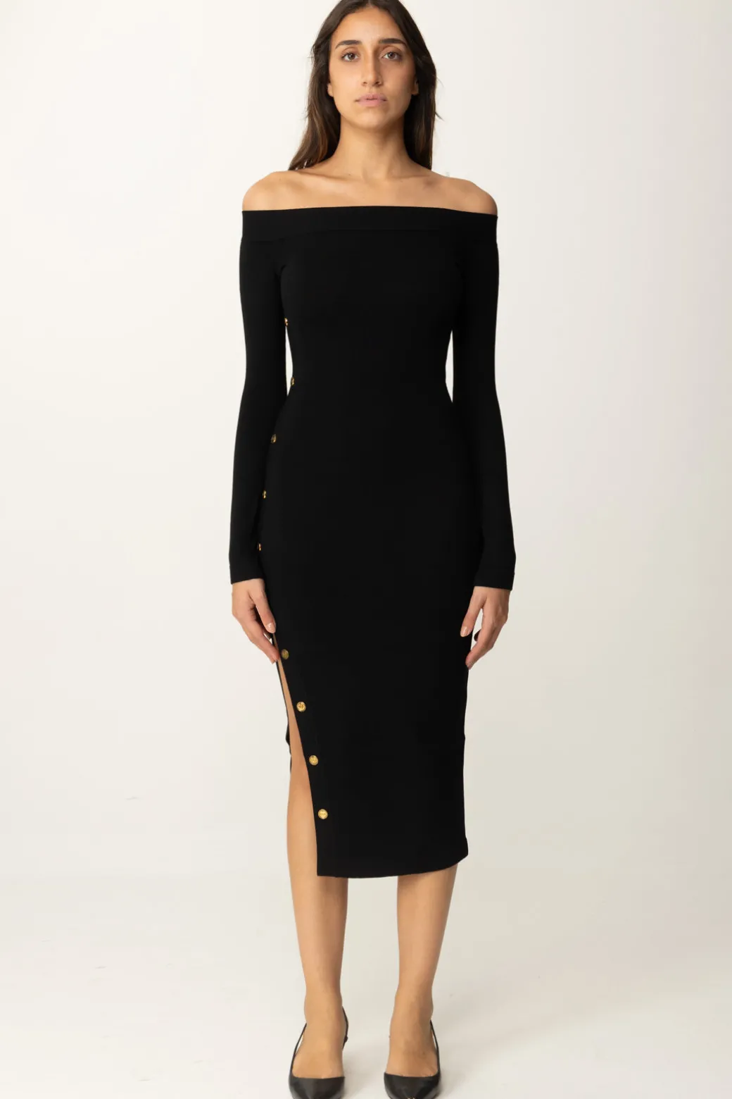 Donna Elisabetta Franchi Abito In Maglia Off-shoulder con Bottoncini