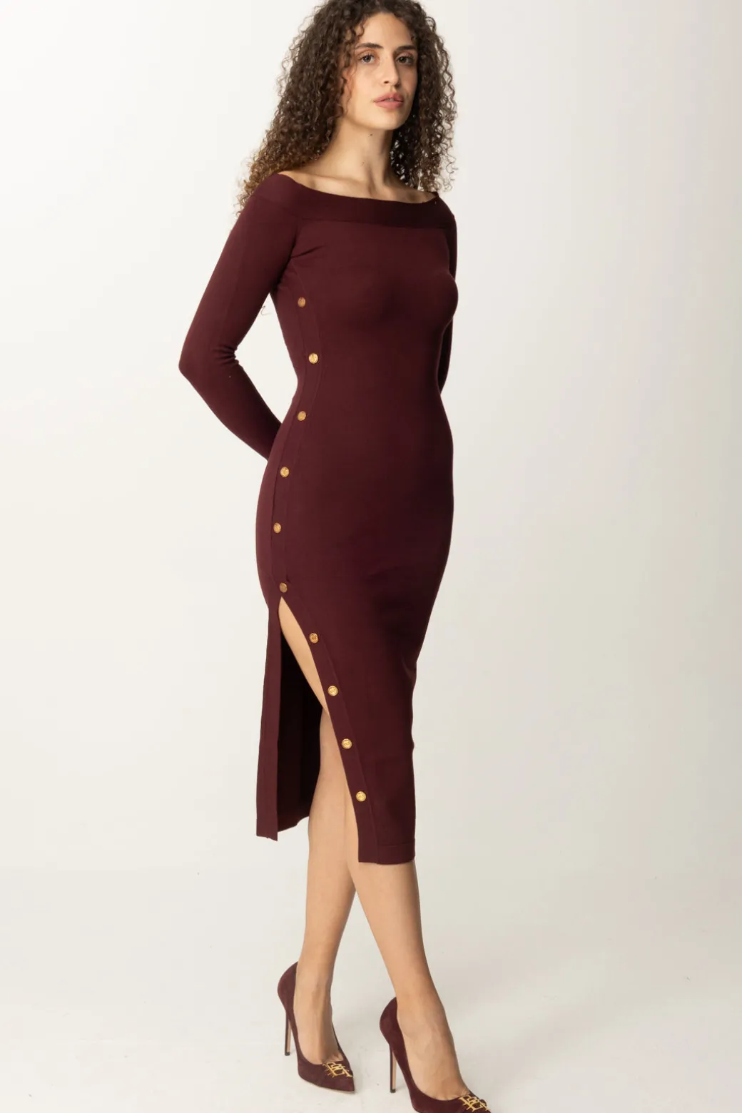 Donna Elisabetta Franchi Abito In Maglia Off-shoulder con Bottoncini