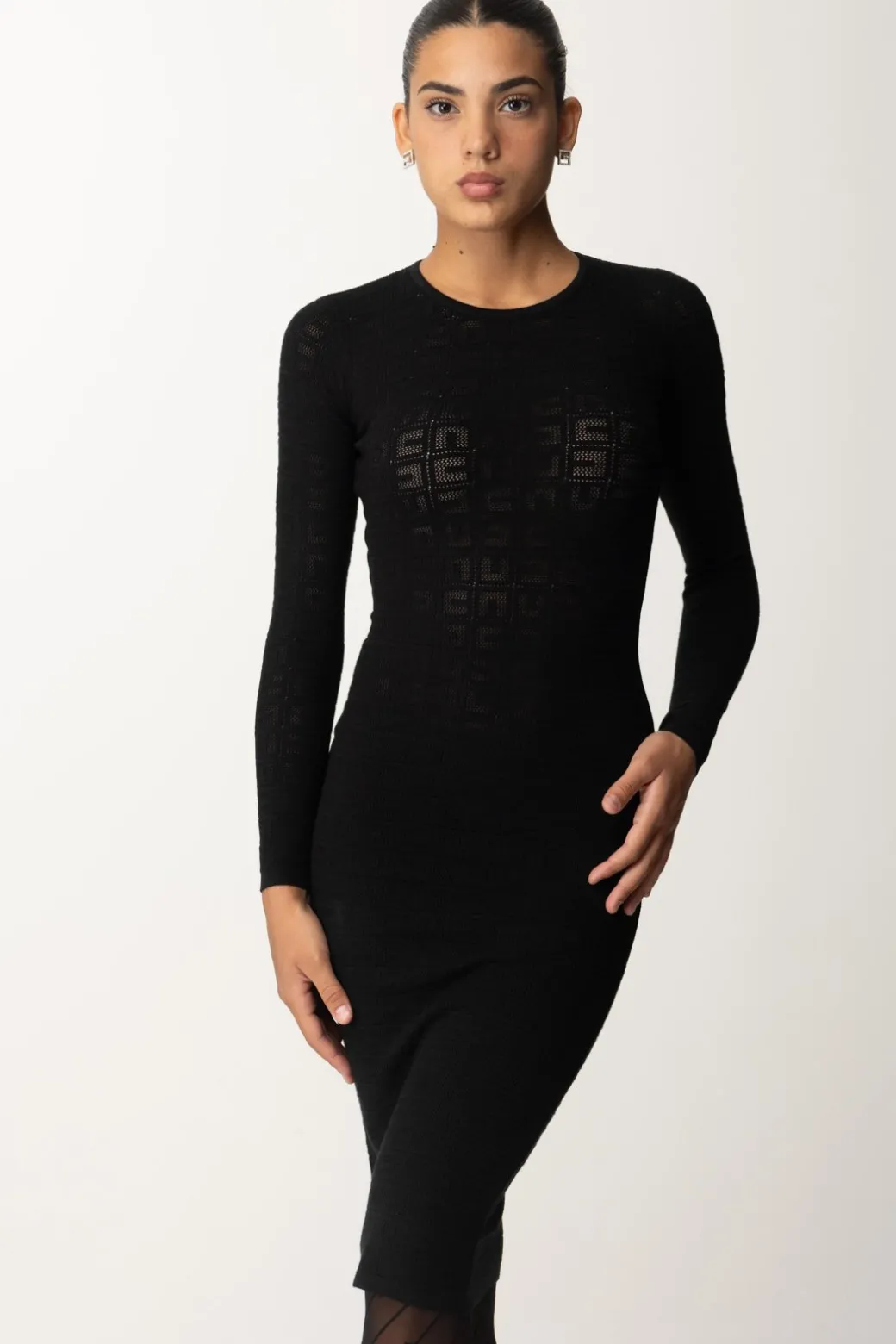 Donna Elisabetta Franchi Abito In Punto Rete con Pattern Logo