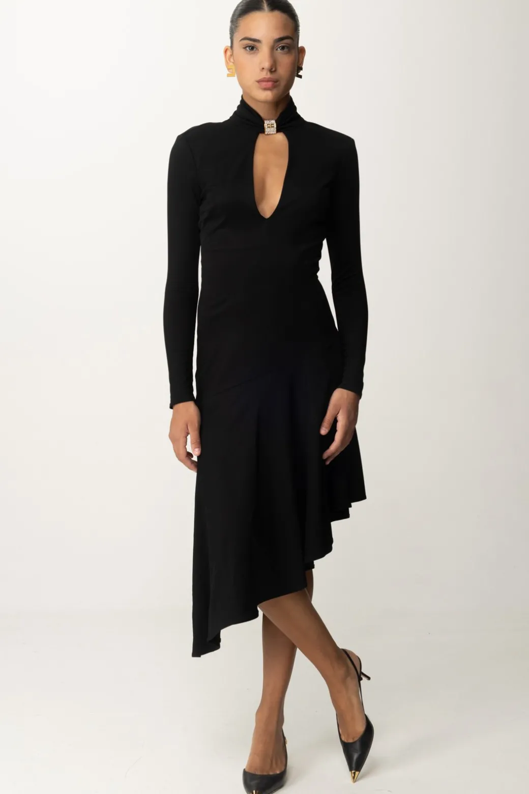 Donna Elisabetta Franchi Abito Midi Asimmetrico con Gioiello