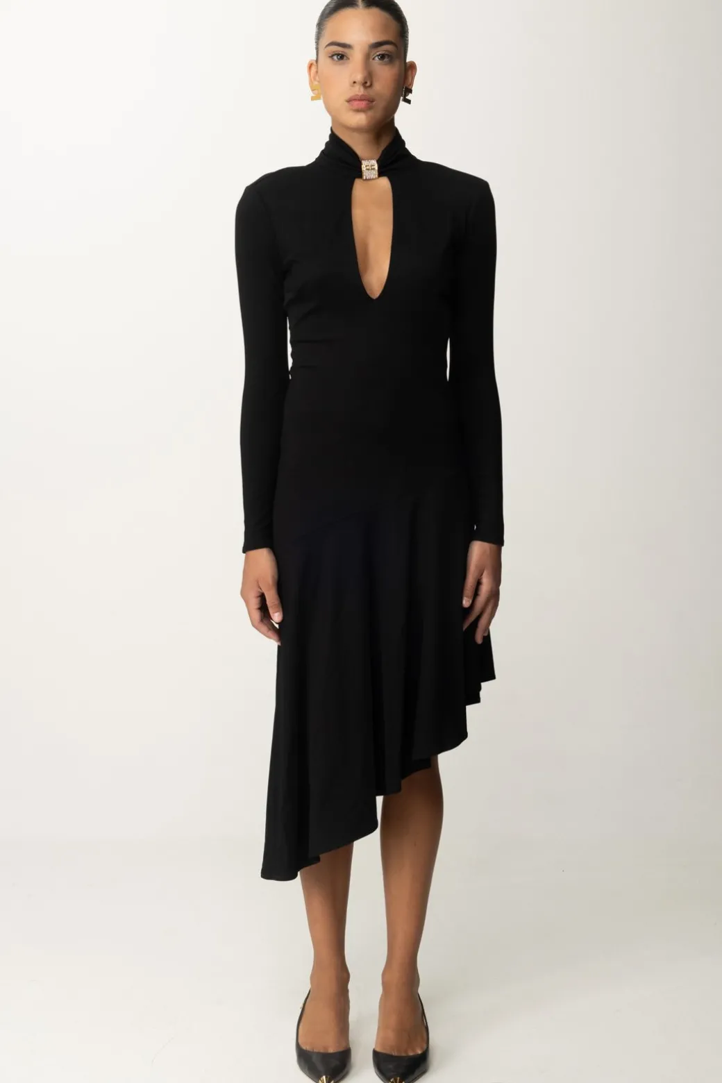 Donna Elisabetta Franchi Abito Midi Asimmetrico con Gioiello