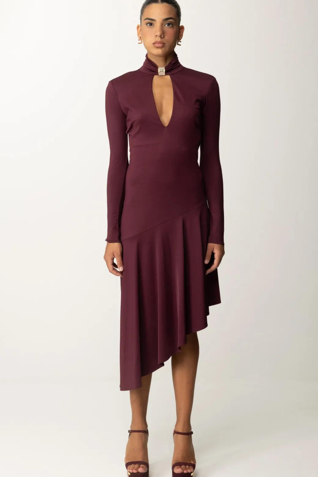 Donna Elisabetta Franchi Abito Midi Asimmetrico con Gioiello