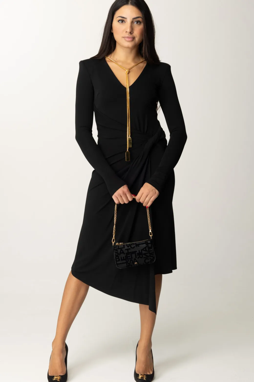 Donna Elisabetta Franchi Abito Midi Drappeggiato con Collana