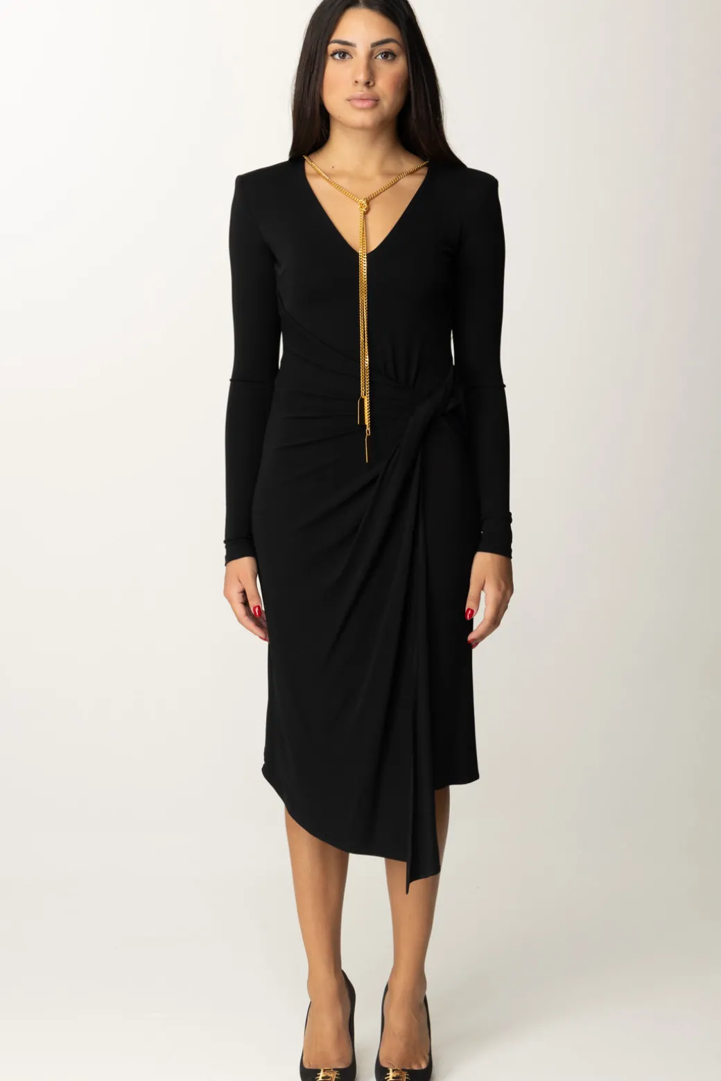 Donna Elisabetta Franchi Abito Midi Drappeggiato con Collana