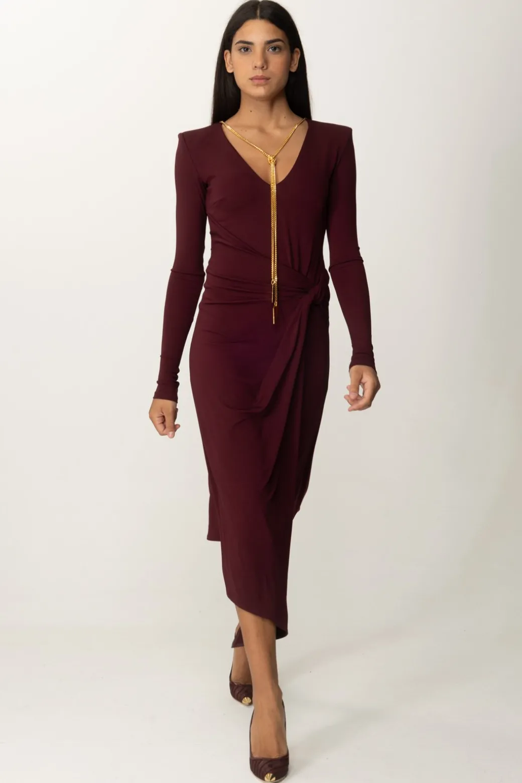 Donna Elisabetta Franchi Abito Midi Drappeggiato con Collana
