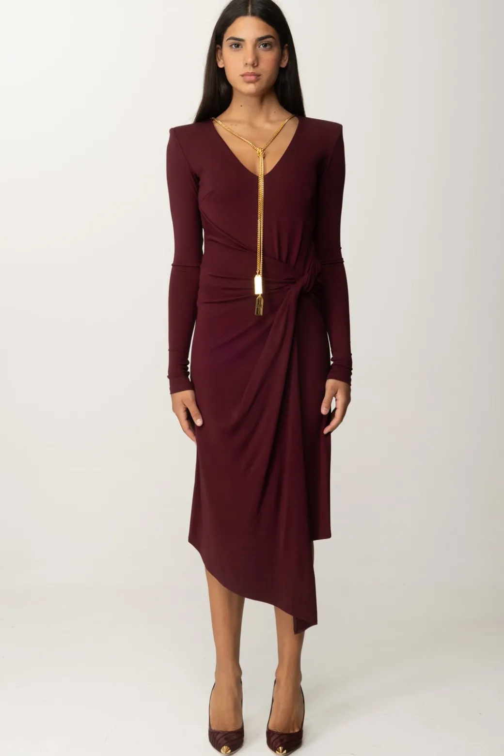 Donna Elisabetta Franchi Abito Midi Drappeggiato con Collana