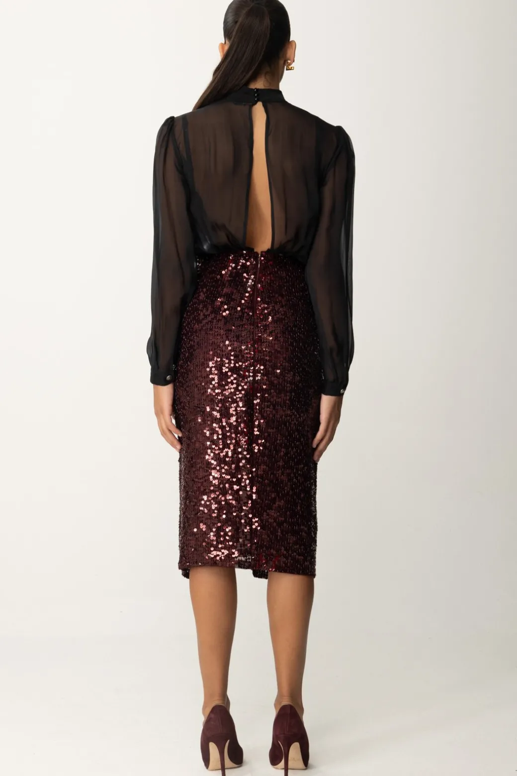 Donna Elisabetta Franchi Abito Midi In Georgette Di Seta Ricamata con Paillettes