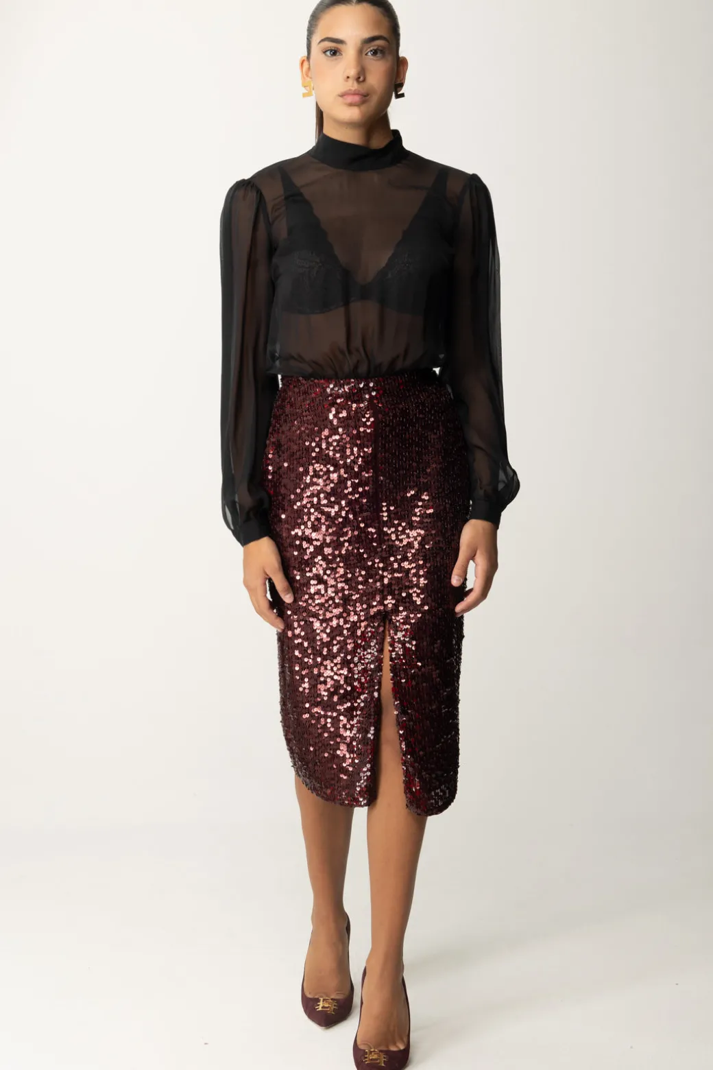 Donna Elisabetta Franchi Abito Midi In Georgette Di Seta Ricamata con Paillettes
