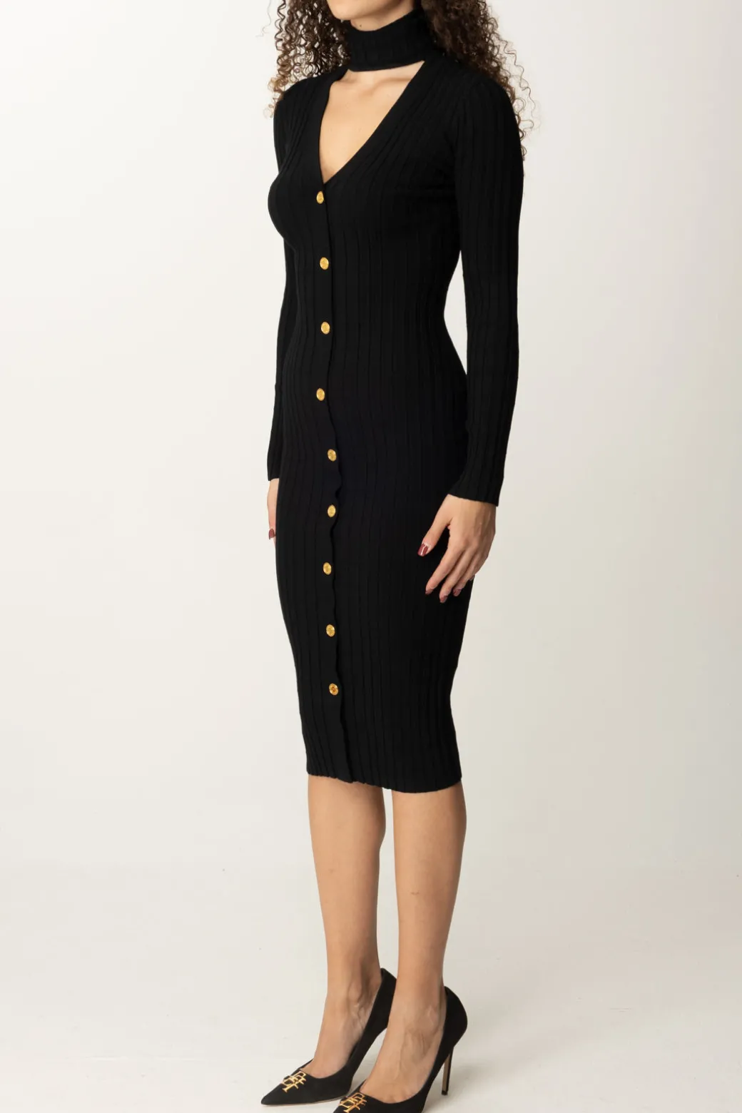 Donna Elisabetta Franchi Abito Midi In Maglia con Collo Alto e Cut-out