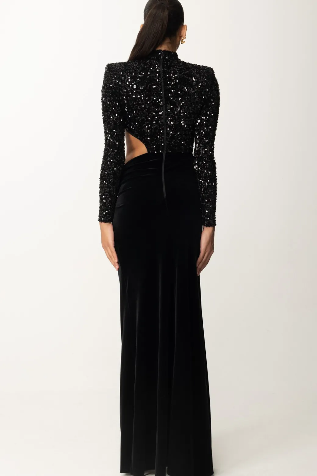 Donna Elisabetta Franchi Abito Red Carpet In Ciniglia Ricamata con Pailettes con Cut-out