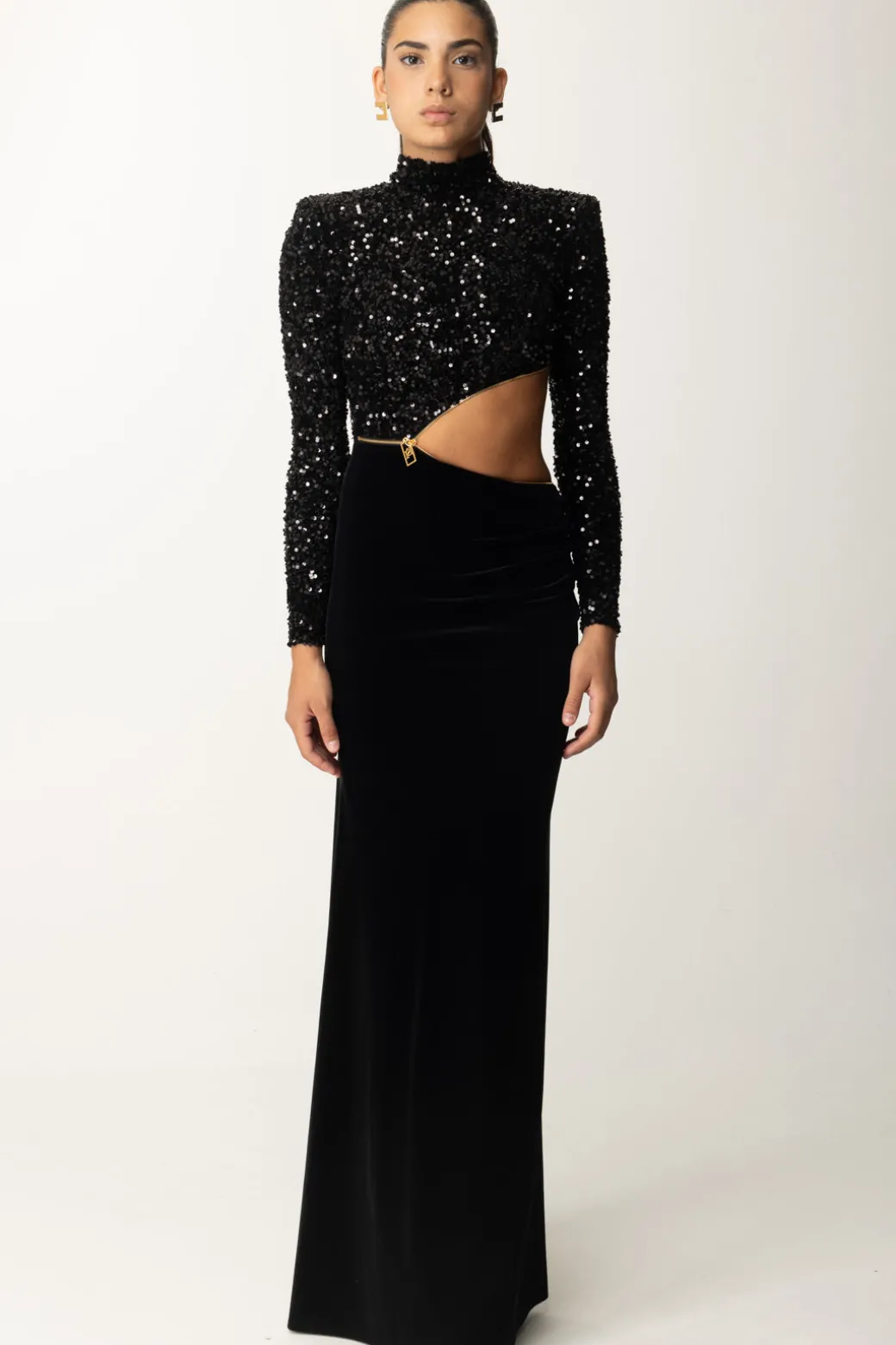 Donna Elisabetta Franchi Abito Red Carpet In Ciniglia Ricamata con Pailettes con Cut-out