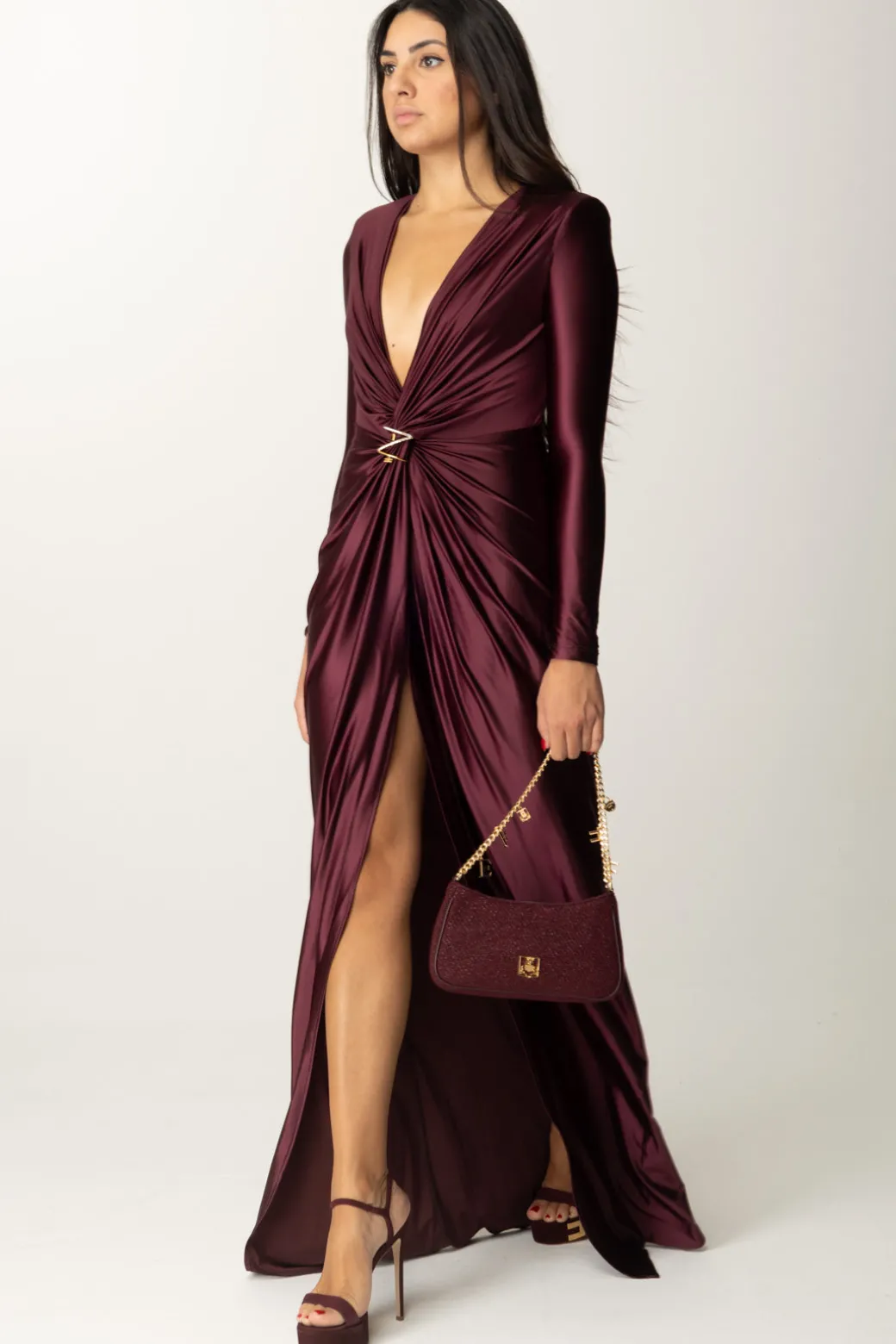 Donna Elisabetta Franchi Abito Red Carpet In Lycra con Nodo e Drappeggio