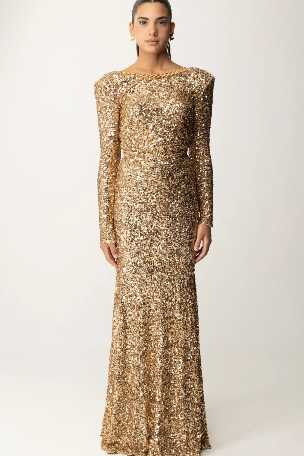 Donna Elisabetta Franchi Abito Red Carpet In Paillettes con Catena e Strass