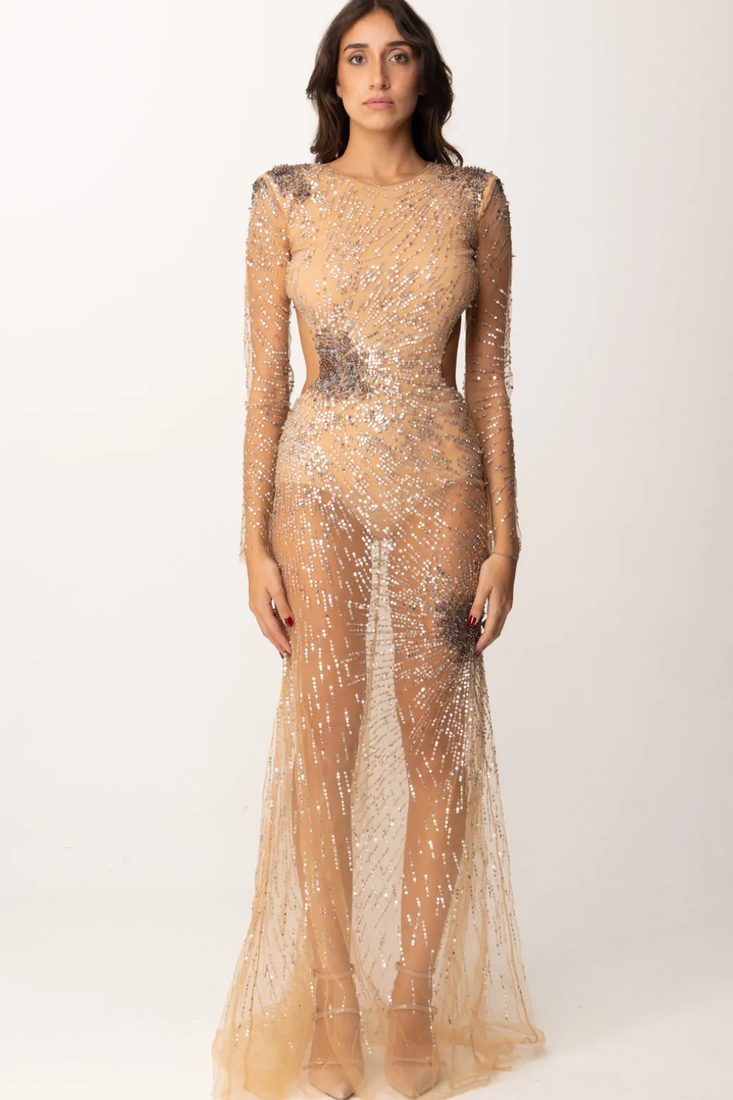 Donna Elisabetta Franchi Abito Red Carpet In Tulle Ricamato con Cut-out