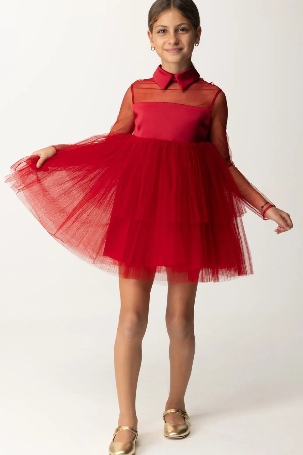 Elisabetta Franchi Bambina Abito In Tulle a Balza con Collettino