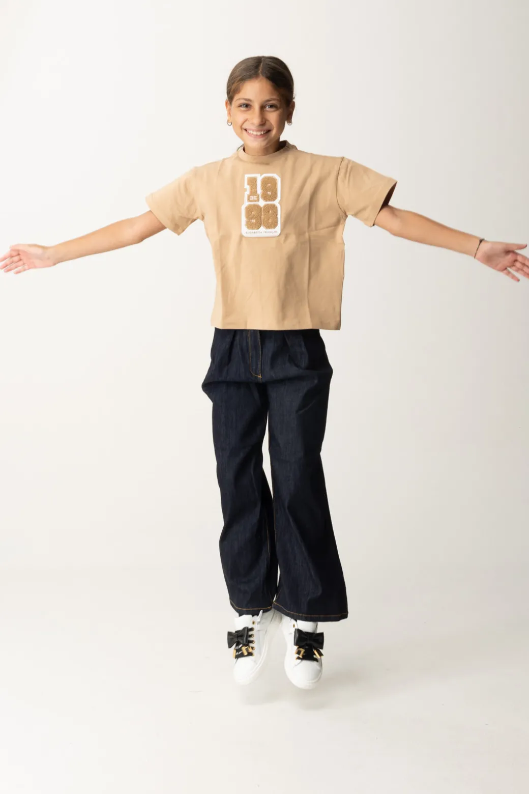 Elisabetta Franchi Bambina T-shirt con Toppa "1998"CAMEL / AVORIO