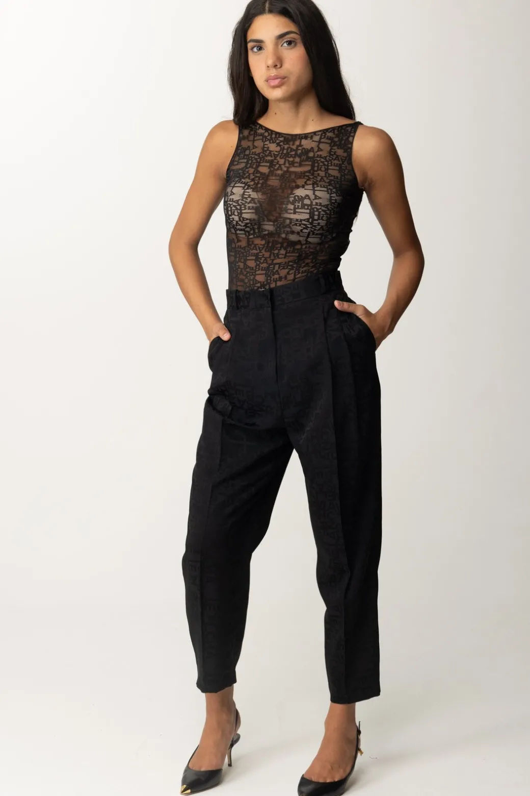 Donna Elisabetta Franchi Body In Tulle Smanicato con Lettering