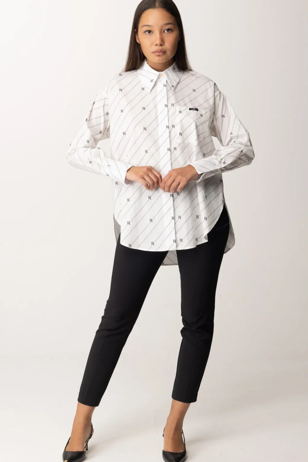 Donna Elisabetta Franchi Camicia con Stampa Righe e Logo