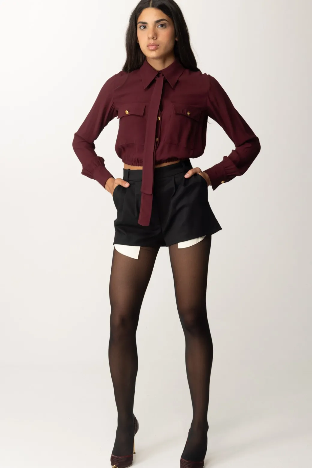 Donna Elisabetta Franchi Camicia Crop Georgette con Foulard