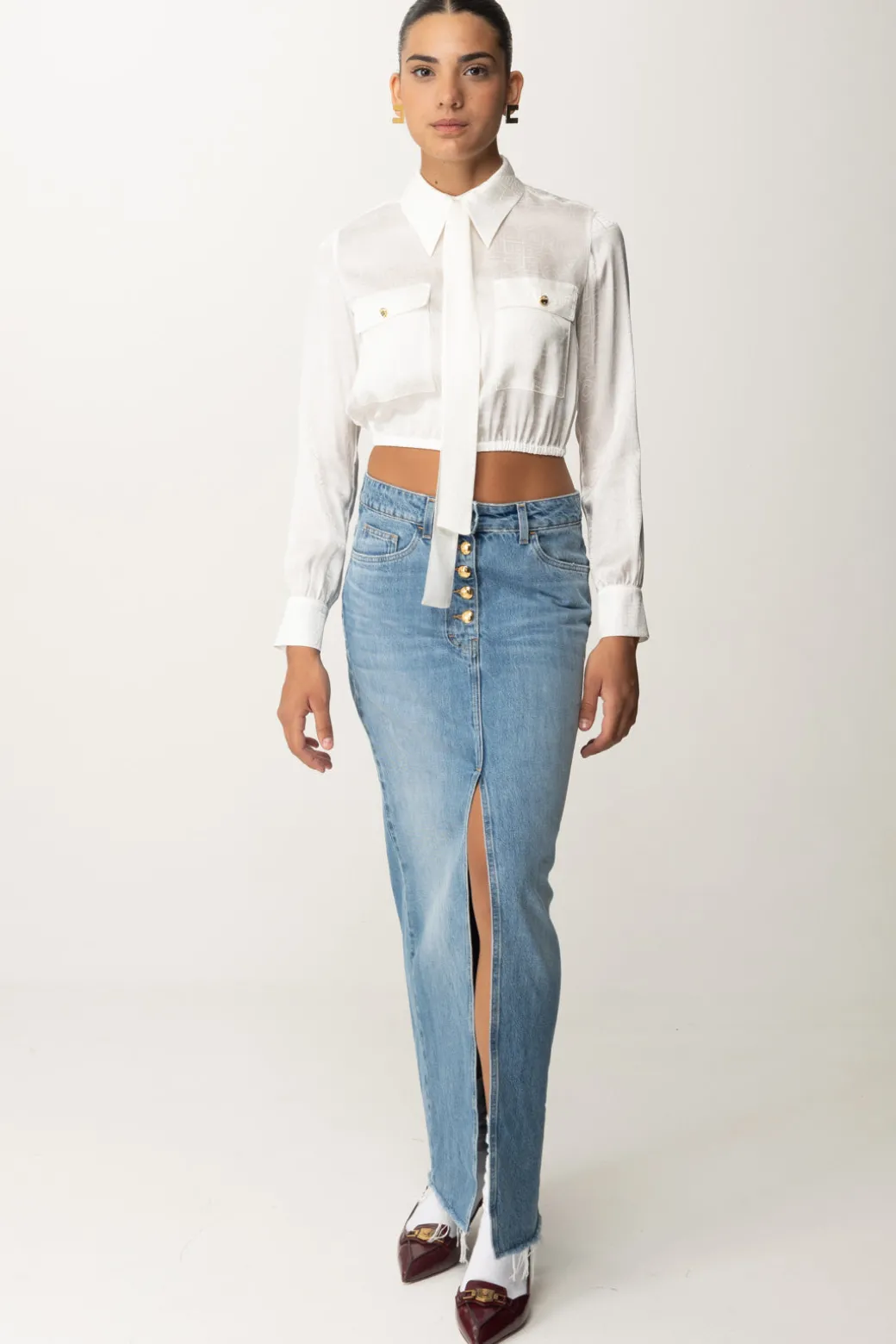 Donna Elisabetta Franchi Camicia Crop In Raso Jacquard