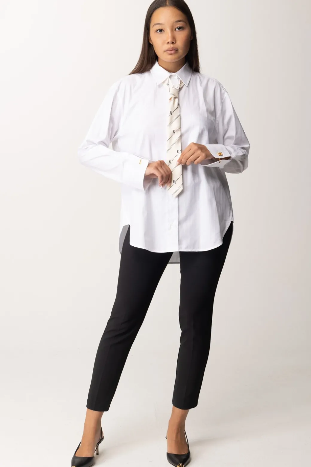 Donna Elisabetta Franchi Camicia In Popeline Rigato con Gemelli