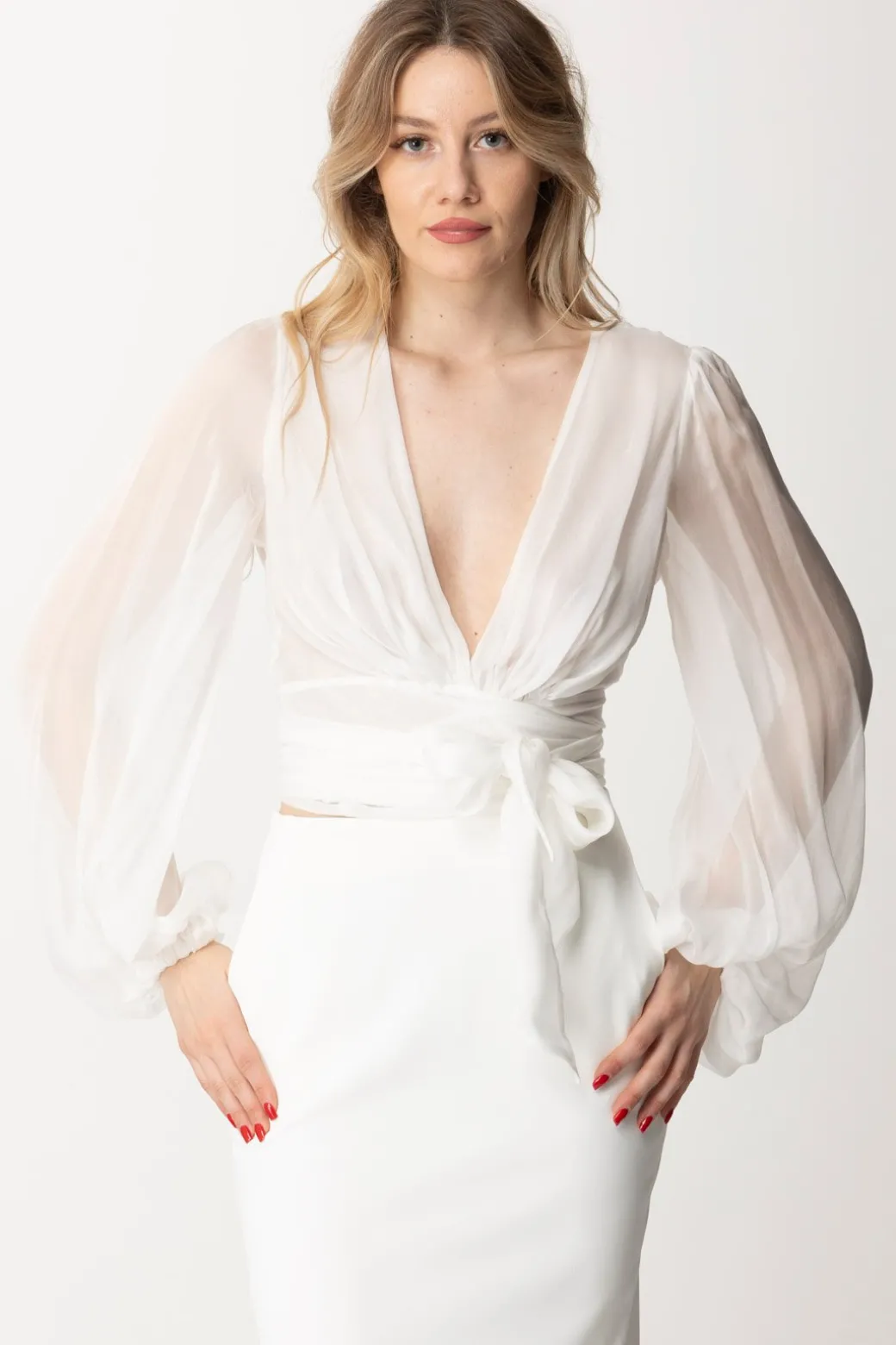 Donna Elisabetta Franchi Camicia In Voile Di Seta con Maniche Arricciate