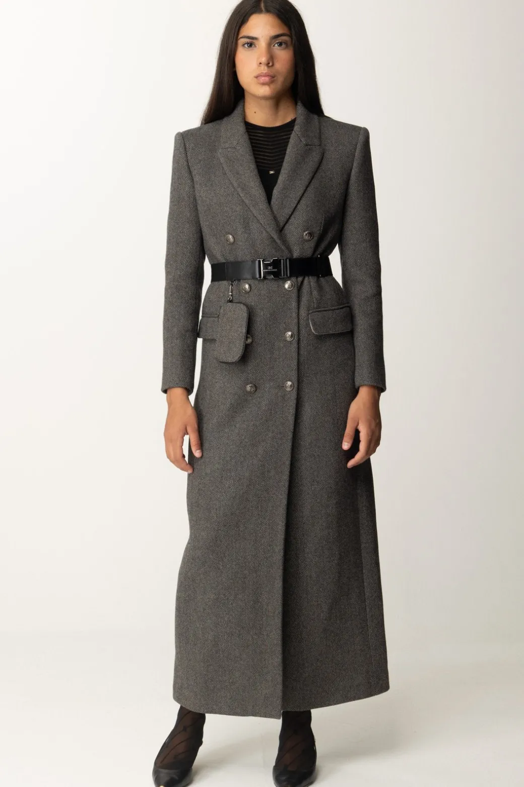 Donna Elisabetta Franchi Cappotto Lungo In Misto Lana con Cintura