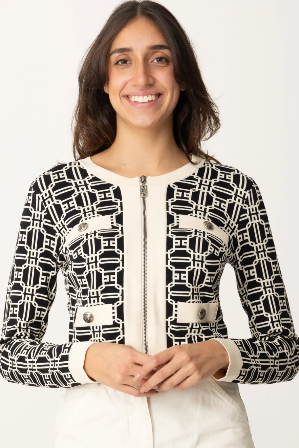 Donna Elisabetta Franchi Cardigan Stampa Logo con Cerniera
