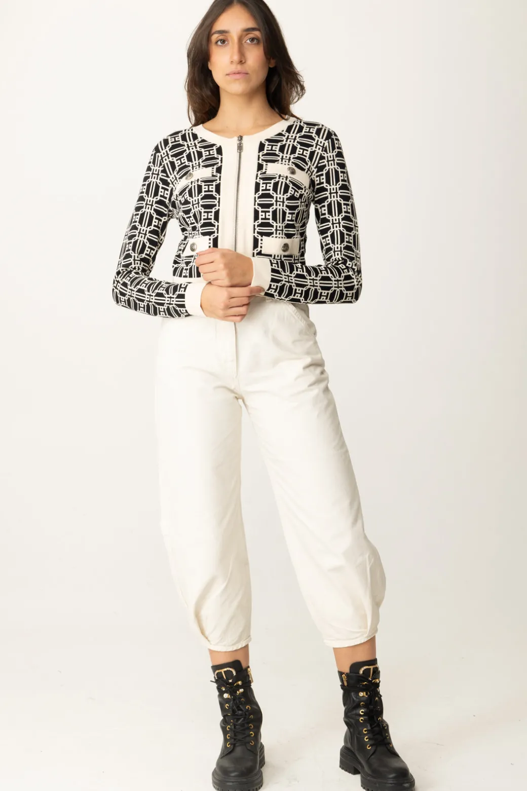 Donna Elisabetta Franchi Cardigan Stampa Logo con Cerniera