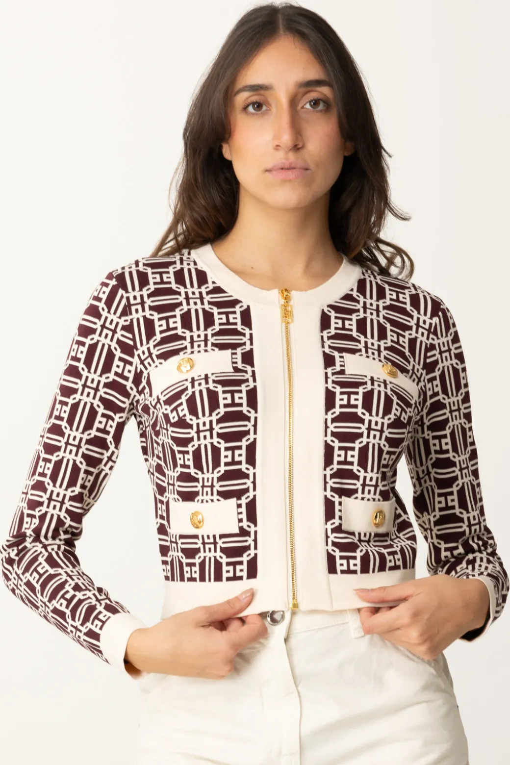 Donna Elisabetta Franchi Cardigan Stampa Logo con Cerniera