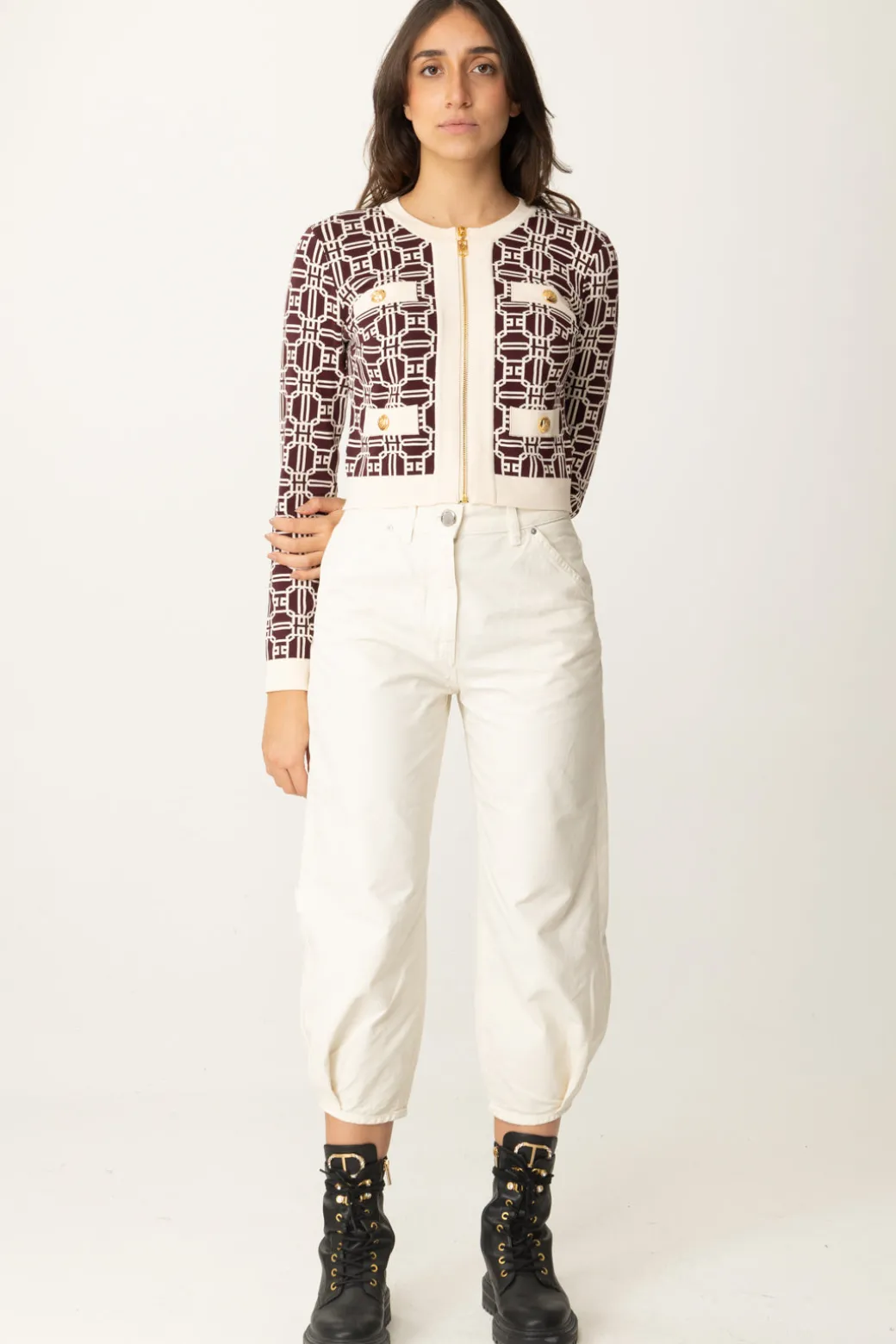 Donna Elisabetta Franchi Cardigan Stampa Logo con Cerniera