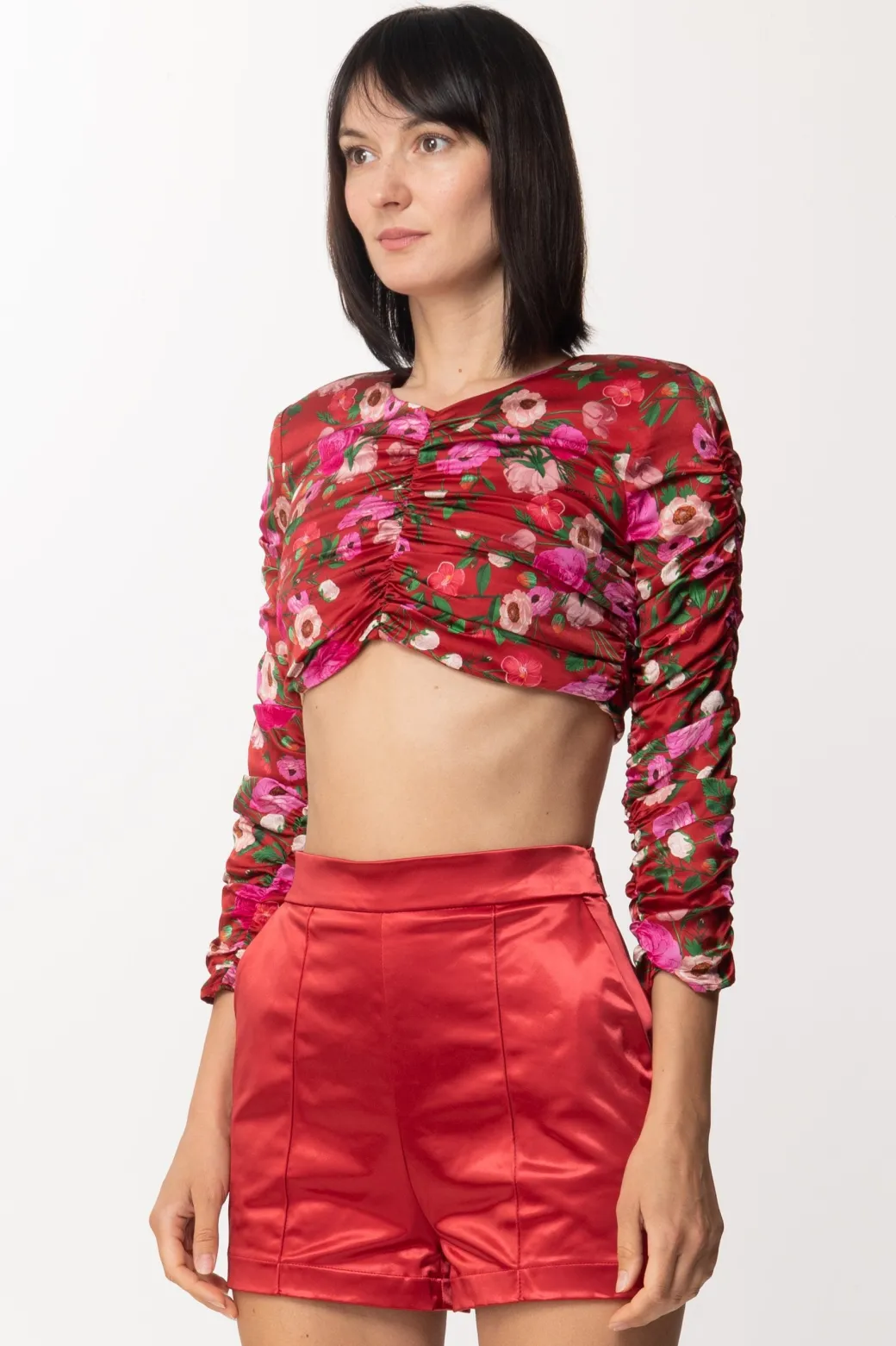 Donna Elisabetta Franchi Crop Top Drappeggiato con Stampa Boquet