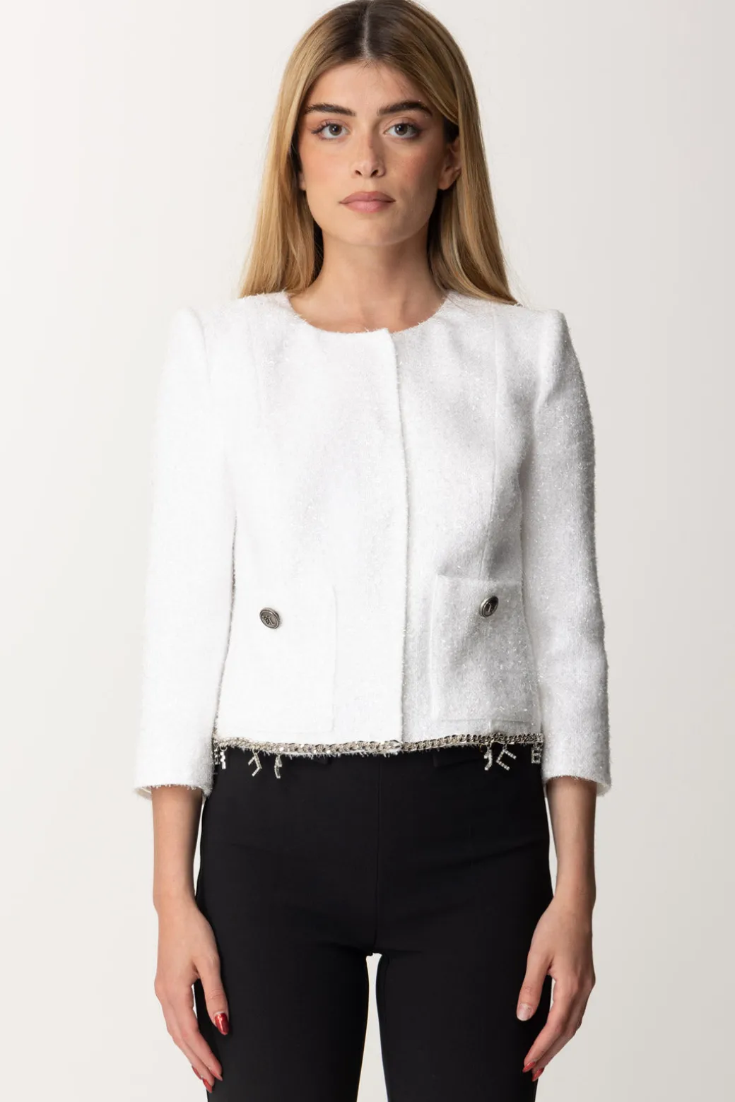 Donna Elisabetta Franchi Giacca Corta In Tweed Lurex con Charms