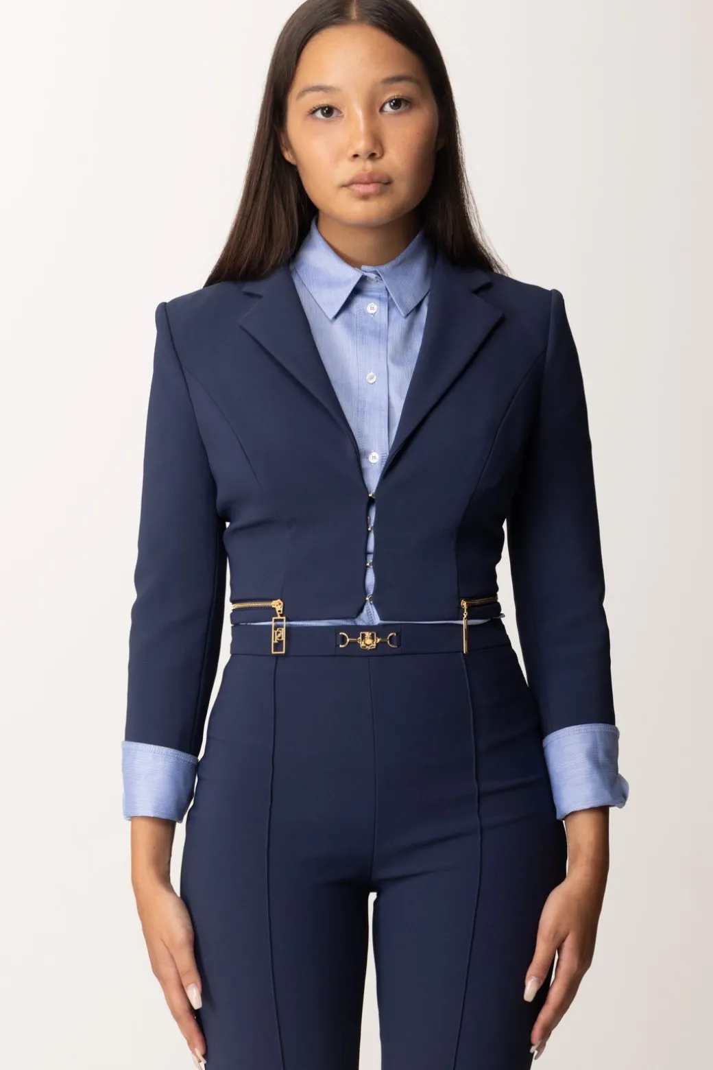 Donna Elisabetta Franchi Giacca Crop con Zip e Maniche a Tre Quarti