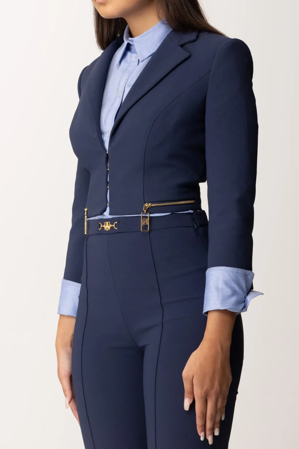 Donna Elisabetta Franchi Giacca Crop con Zip e Maniche a Tre Quarti