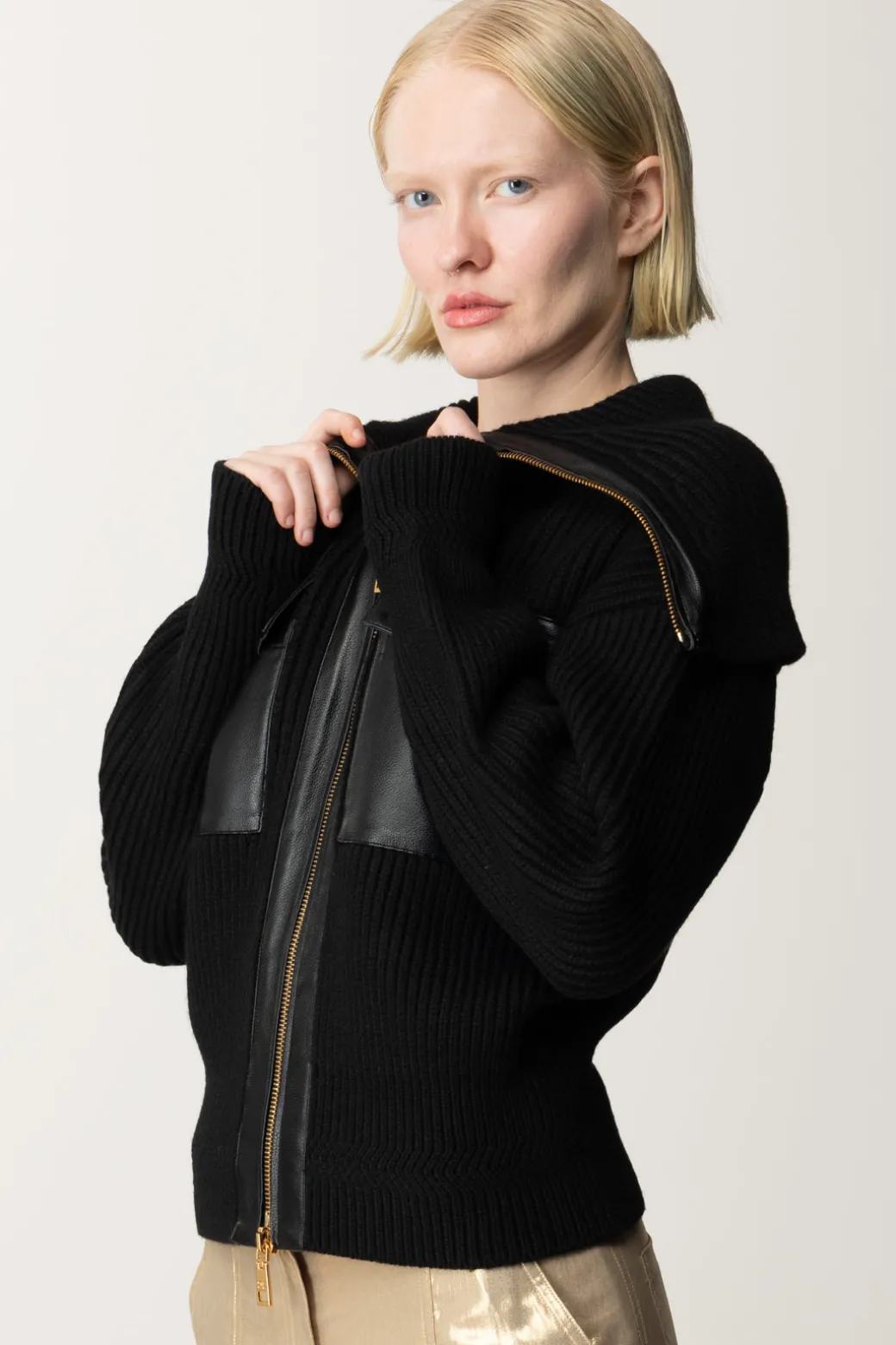 Donna Elisabetta Franchi Giubbotto Tricot con Inserti In Pelle Sintetica