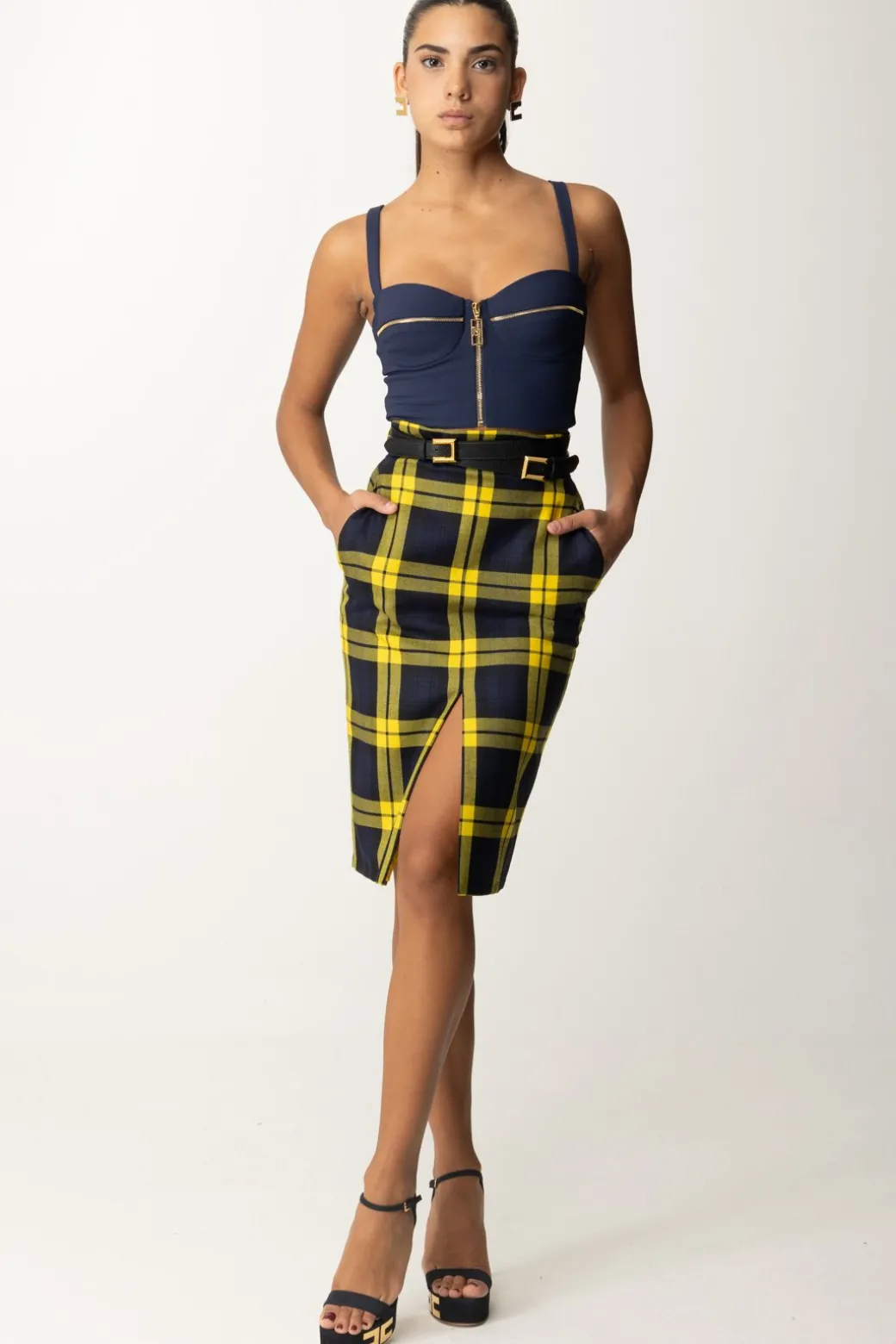 Donna Elisabetta Franchi Gonna Tartan a Tubino con Cintura