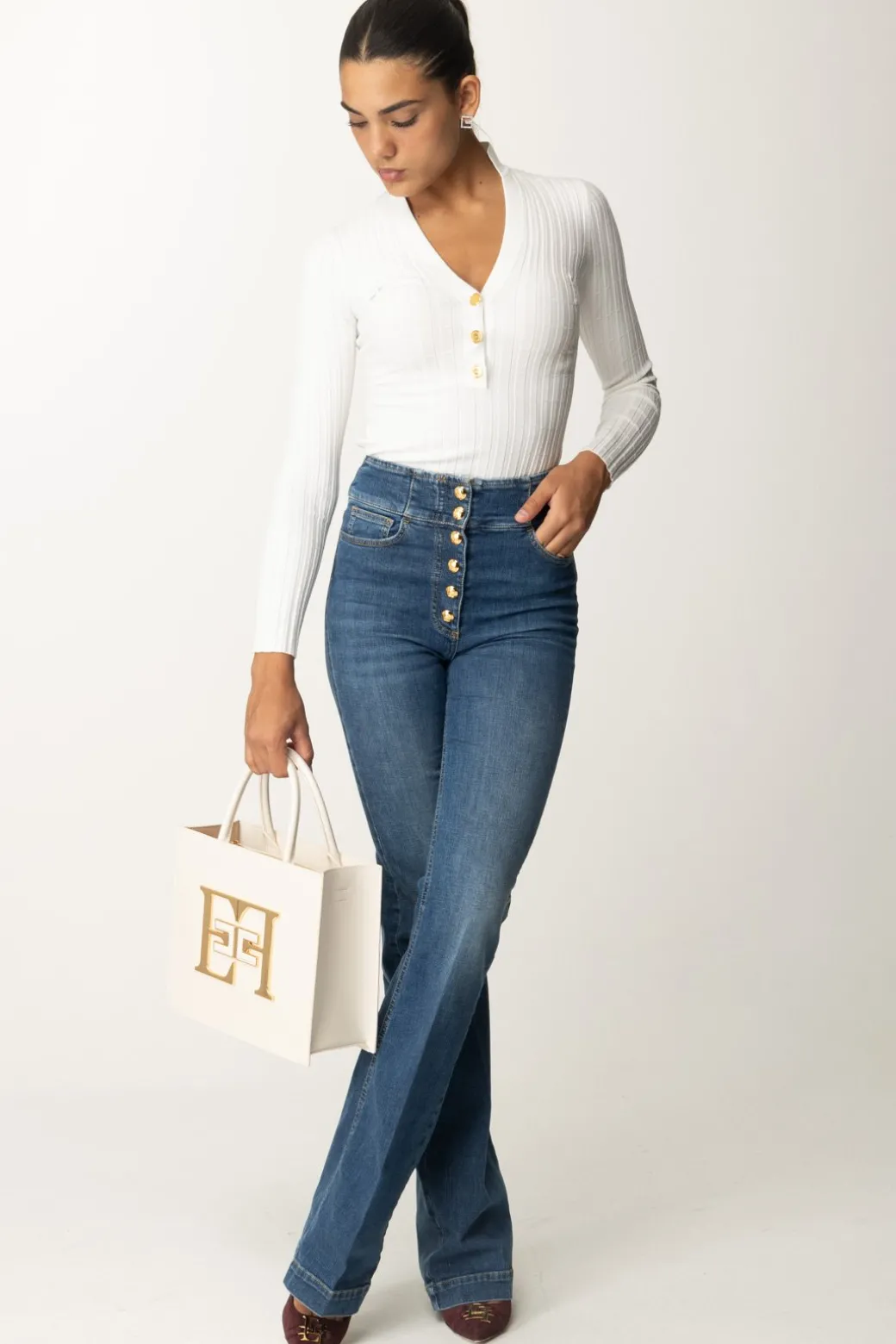 Donna Elisabetta Franchi Jeans a Zampa con Bottoniera Centrale