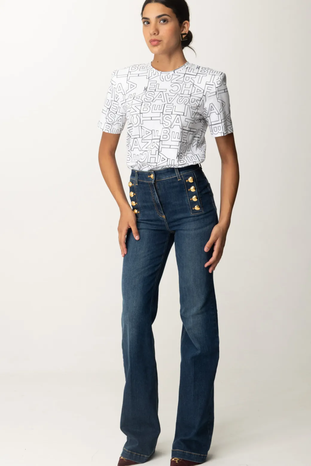 Donna Elisabetta Franchi Jeans a Zampa con Bottoniera Laterale