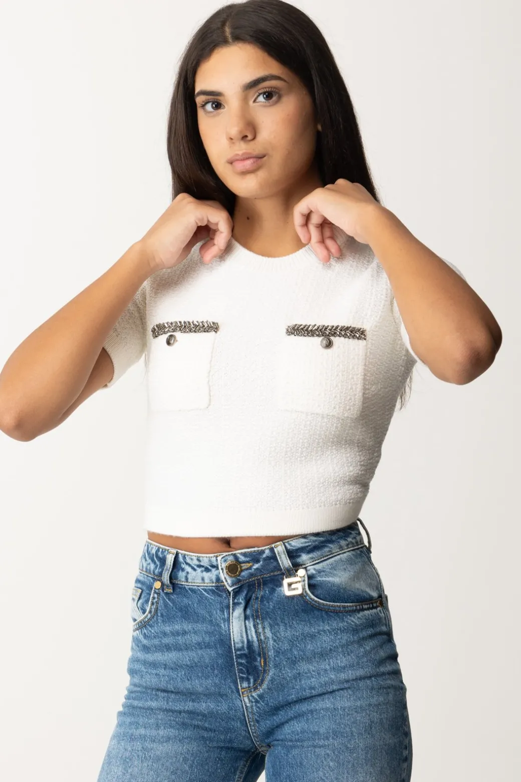 Donna Elisabetta Franchi Maglia Crop a Maniche Corte In Lana Bouclé