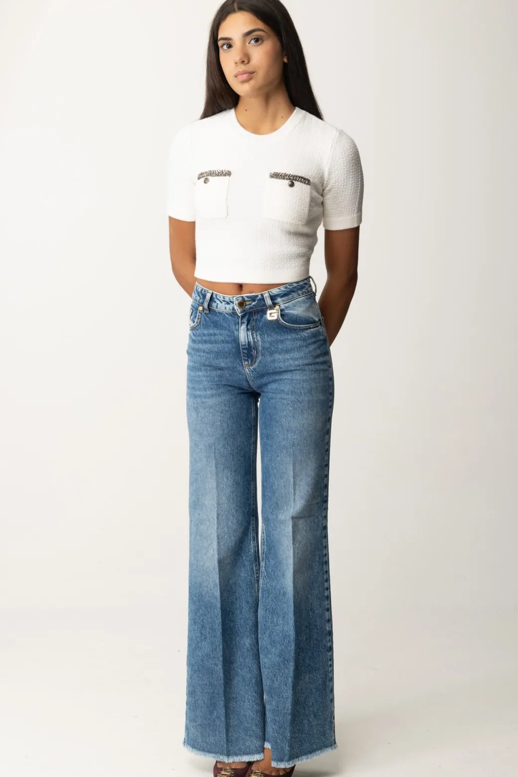 Donna Elisabetta Franchi Maglia Crop a Maniche Corte In Lana Bouclé
