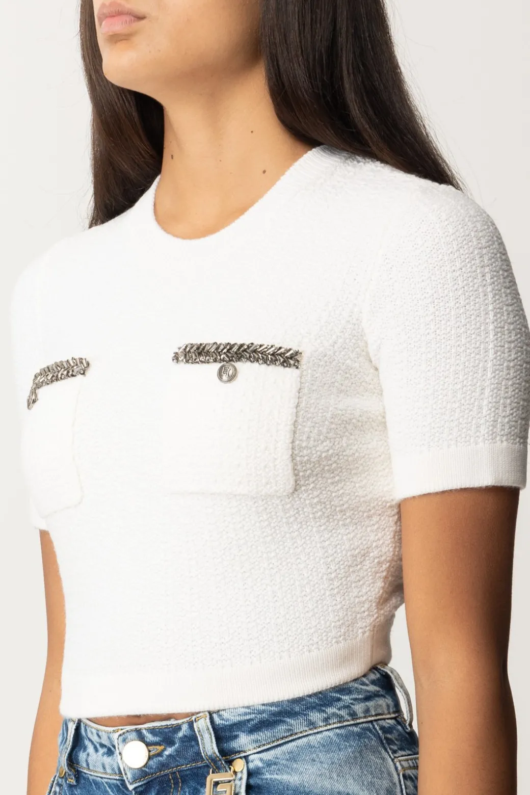 Donna Elisabetta Franchi Maglia Crop a Maniche Corte In Lana Bouclé