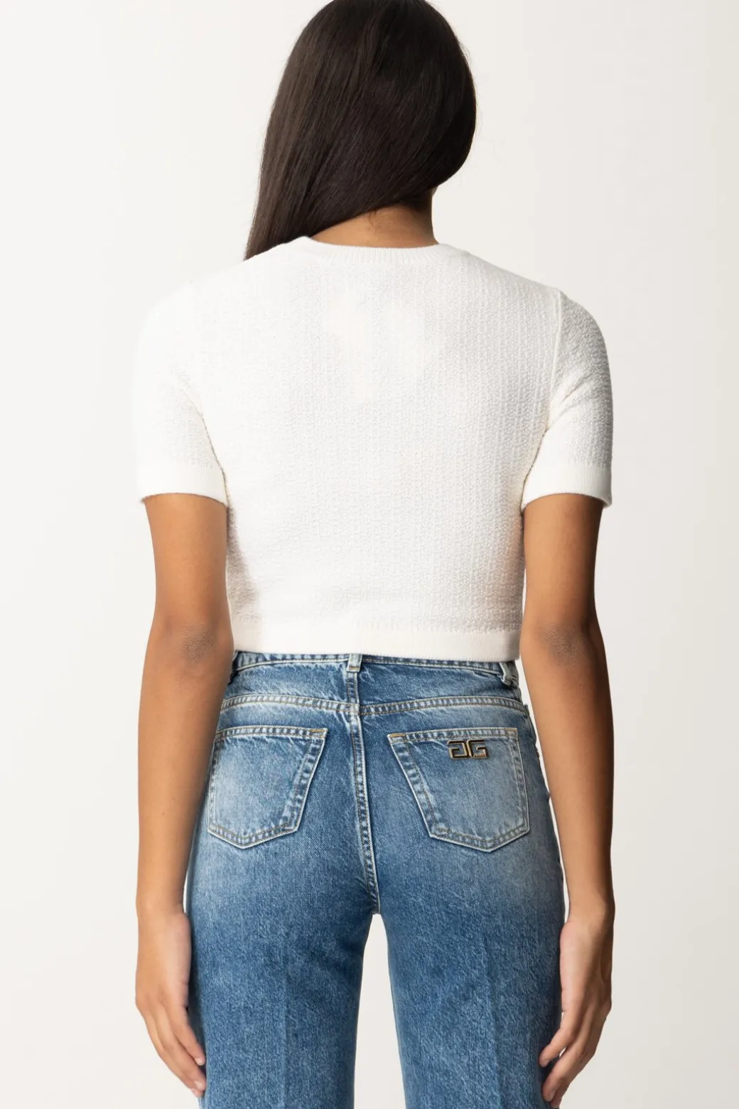 Donna Elisabetta Franchi Maglia Crop a Maniche Corte In Lana Bouclé