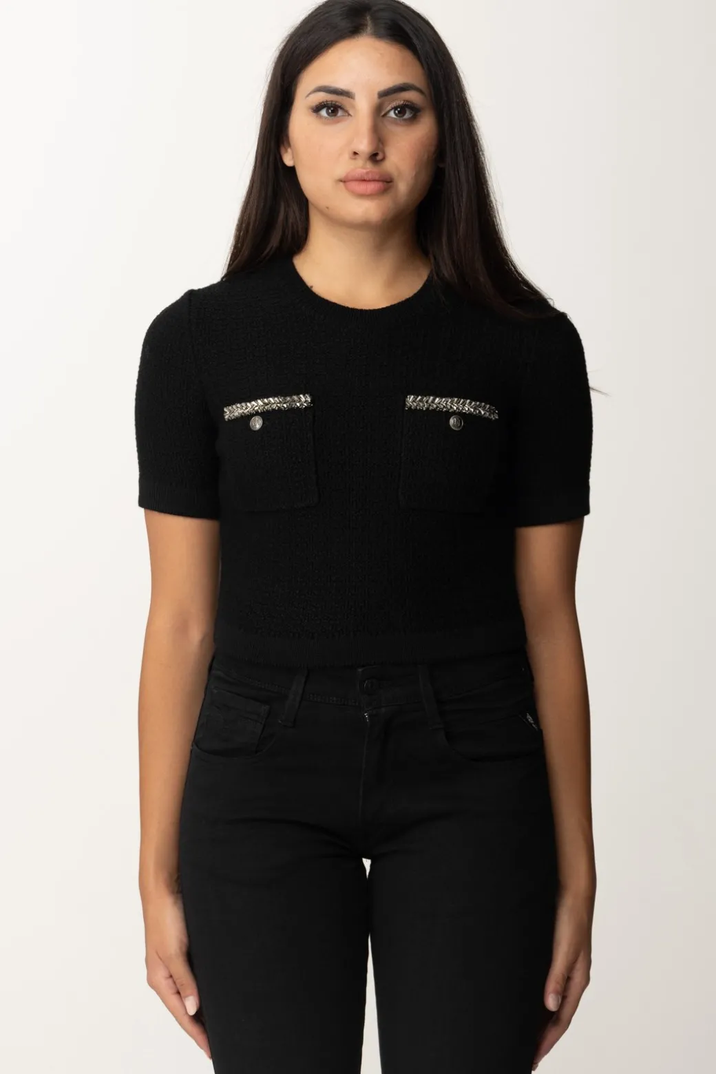 Donna Elisabetta Franchi Maglia Crop a Maniche Corte In Lana Bouclé